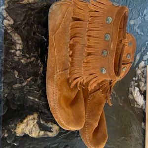 Minnetonka double fringe studded moc booties